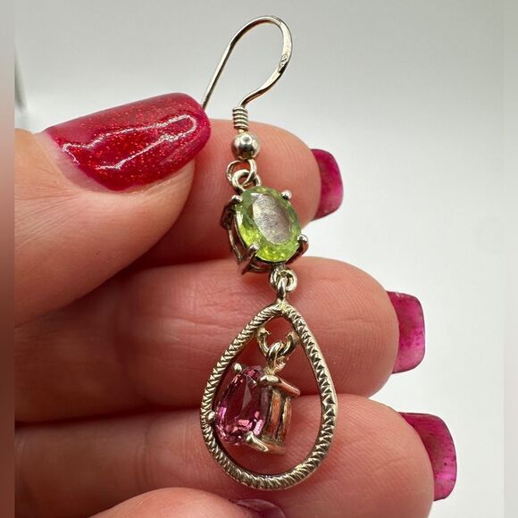 Stunning peridot and pink tourmaline in sterling silver dangle earrings!! - Picture 2 of 7